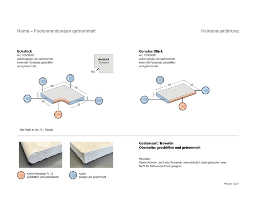 Informationen zu getrommelten Poolumrandungen aus Travertin mit Eckstück und geradem Stück