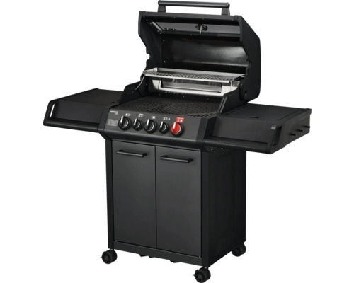 Schwarzer Gasgrill mit fünf Brennern, Ablageflächen und Unterschrank