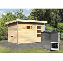 Sauna mit Saunaofen und Steuergerät im Garten