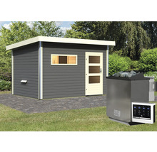 Saunahaus Karibu Topas 2 inkl.9 kW Bio Ofen u.ext.Steuerung mit Holztüre und Klarglas terragrau/weiß