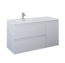 Waschbeckenunterschrank mit zwei Schubladen und einer Tür sowie einer Armatur auf dem Waschbecken