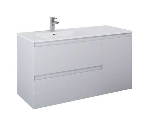 Waschbeckenunterschrank mit zwei Schubladen und einer Tür sowie einer Armatur auf dem Waschbecken