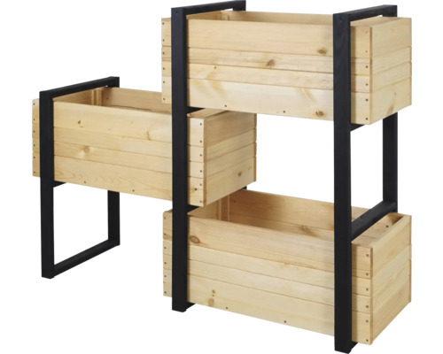 Hochbeet aus Holz mit drei Ebenen und schwarzem Metallgestell.