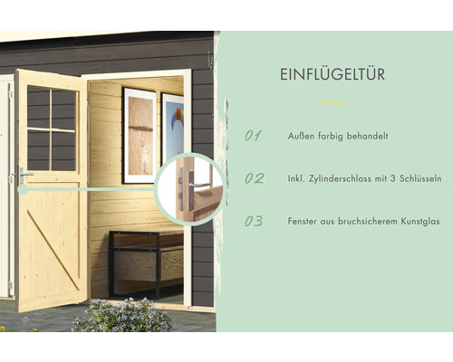 Illustration einer Holztür mit Informationen zu Eigenschaften wie Außenbehandlung, Zylinderschloss und Kunstglasfenster