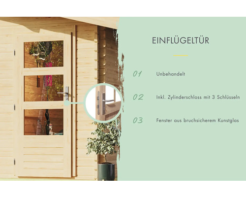 Einflügeltür aus Holz mit drei Fenstern aus bruchsicherem Kunstglas, unbehandelt, inklusive Zylinderschloss mit drei Schlüsseln
