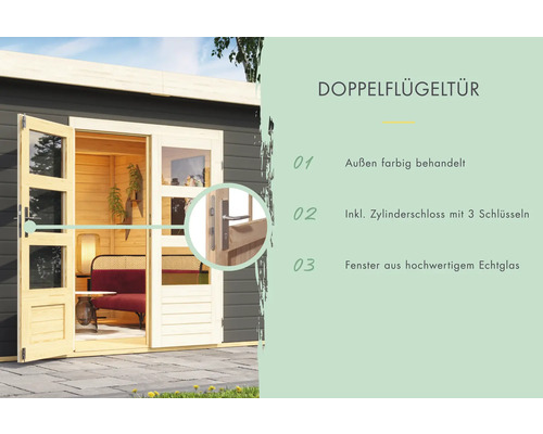 Doppelflügeltür mit farbbehandelter Außenseite, Zylinderschloss und Echtglasfenstern