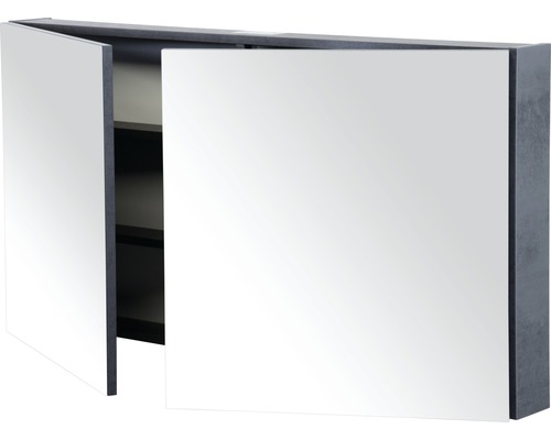 Spiegelschrank mit zwei offenen Türen und Regalböden