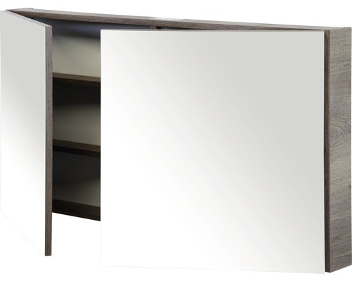 Geöffneter Spiegelschrank mit Ablagen