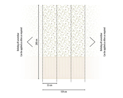 Dimensions of wallpaper including length 280 cm, width 53 cm and total width 159 cm