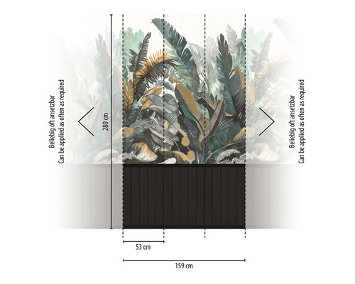 Fototapete mit tropischem Blätterdesign und Maßangaben
