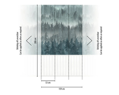 Abmessungen der Wald Tapete: 280 cm hoch und 159 cm breit.
