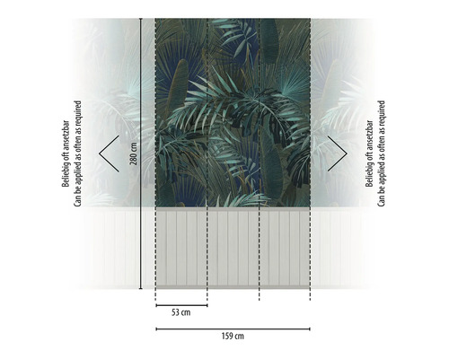 Illustration einer Vliestapete mit Blättermotiv und Maßangaben