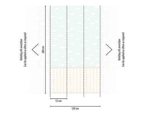 Abmessungen einer Tapete: 280 cm Höhe, 159 cm Breite, 53 cm Rapport