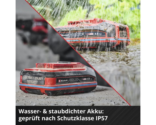 Einhell Akku mit Wasser und Staub resistent Siegel in einer Wasser- und Staubumgebung