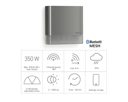 Steinel Logo, Außenleuchte mit Bluetooth Mesh und technischen Daten