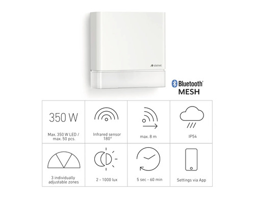 Steinel Sensor mit Produktdetails und Bluetooth Mesh Funktion
