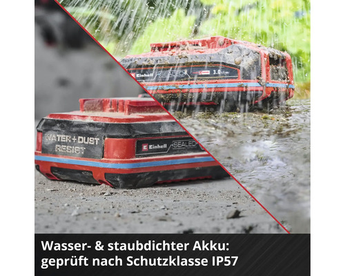 Einhell Akku mit Wasser und Staubresistenz unter Wasser und im Regen