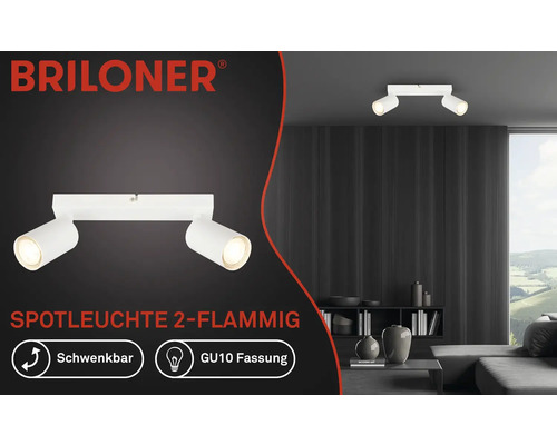 Briloner Logo. Zweiflammige, schwenkbare Deckenleuchte mit GU10 Fassung in einem modern eingerichteten Wohnzimmer.