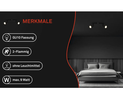 Merkmale einer Deckenleuchte: GU10 Fassung, 2-flammig, ohne Leuchtmittel, maximal 9 Watt