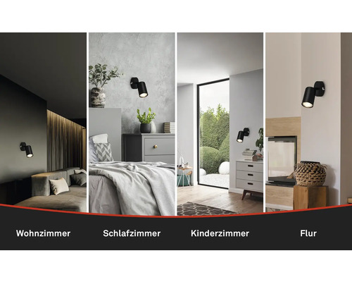 Wandleuchte in verschiedenen Wohnbereichen: Wohnzimmer, Schlafzimmer, Kinderzimmer und Flur.