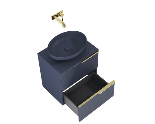 Waschtischkombination mit Aufsatzwaschbecken, Armatur und offenem Schubfach