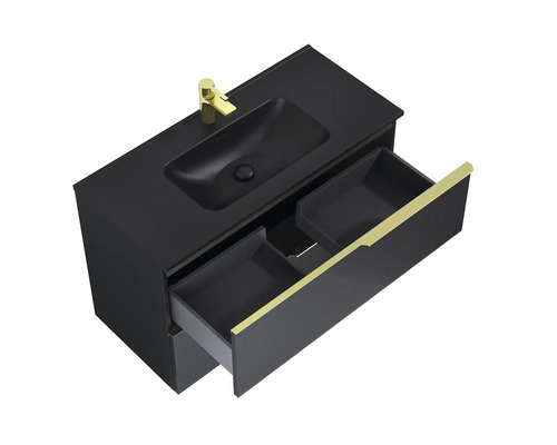 Waschtisch mit Unterschrank, offenem Schubladen und Armatur