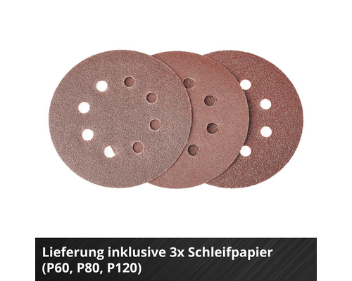 Drei Schleifpapiere mit Körnungen P60, P80 und P120