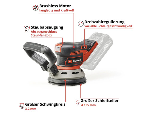 Einhell Logo, Akku Exzenterschleifer mit Staubabsaugung, variable Schleifgeschwindigkeit und 125 Millimeter Schleifteller