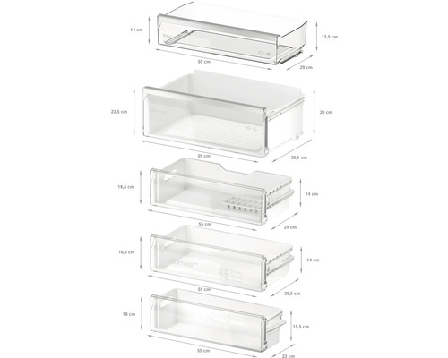 Übereinander gestapelte Schubladen mit Maßangaben für Kühlgeräte.