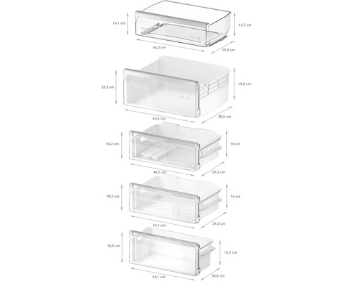 Verschiedene Schubladen für Kühlschränke mit Maßangaben.