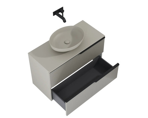 Waschtischkombination mit Aufsatzwaschbecken und offenem Schubfach sowie Wandarmatur