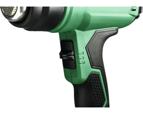 Detailansicht eines Heißluftgebläses mit Schalter zur Temperatureinstellung.