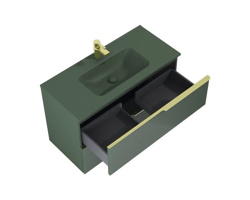 Waschtischunterschrank mit offenem Schubfach und eingelassenem Waschbecken