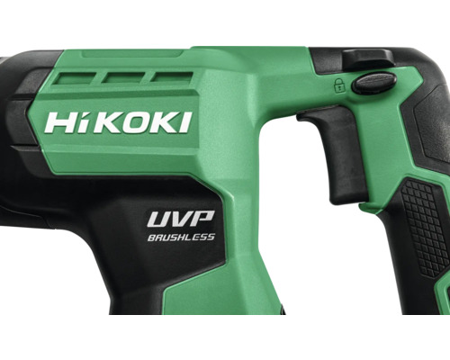 Detailaufnahme des HiKOKI Werkzeugs mit Firmenlogo und bürstenlosem UVP Schriftzug.