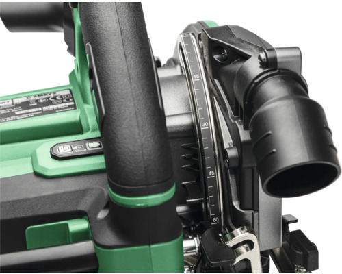 Detailansicht einer Tauchsäge mit Tiefeneinstellung und Staubsaugeranschluss