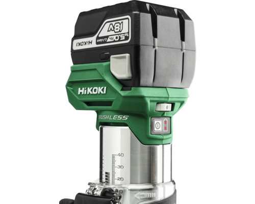 HiKOKI Logo. Akkubetriebener Fräse mit bürstenlosem Motor.