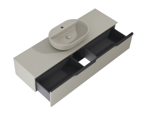 Waschtisch mit Schubladen und Aufsatzwaschbecken im Badezimmer