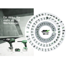 HiKoki Akku für über 100 Werkzeuge, dargestellt in einer grafischen Übersicht