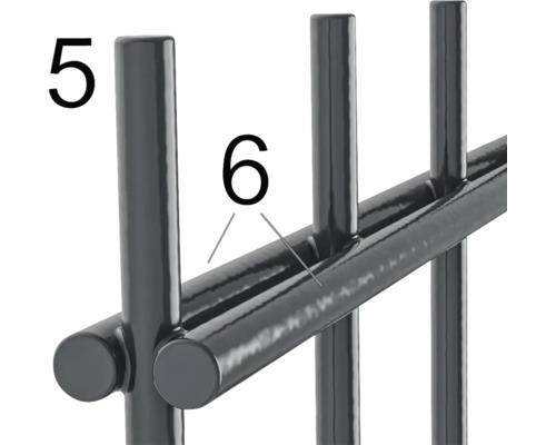Detailansicht eines Metallregals mit den Nummern fünf und sechs zur Kennzeichnung