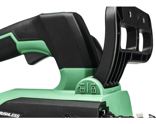 Detailaufnahme einer Akku-Kettensäge mit Entriegelungs- und Verriegelungssymbol