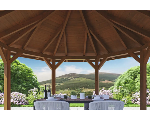 Holzpavillon mit Tisch und Stühlen im Garten