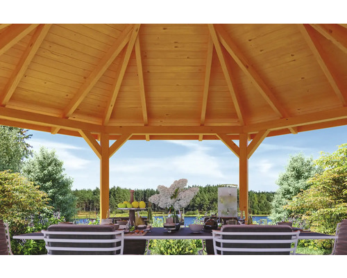 Holzpavillon mit Tisch und Stühlen im Garten