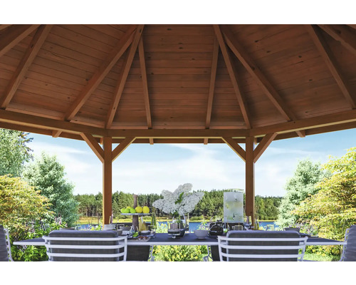 Holzpavillon mit Esstisch und Gartenblick