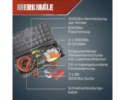 Windenzubehör-Set mit Windenhandschuhen, D-Schäkeln, Gurten, Flaschenzug und Kabelfernbedienung in Werkzeugkoffer