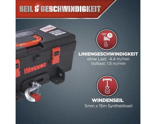 Warrior Seilwinde mit Angabe zu Seil und Geschwindigkeit