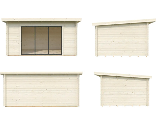 Verschiedene Ansichten eines Holzgartenhauses mit Schiebetür und Pultdach