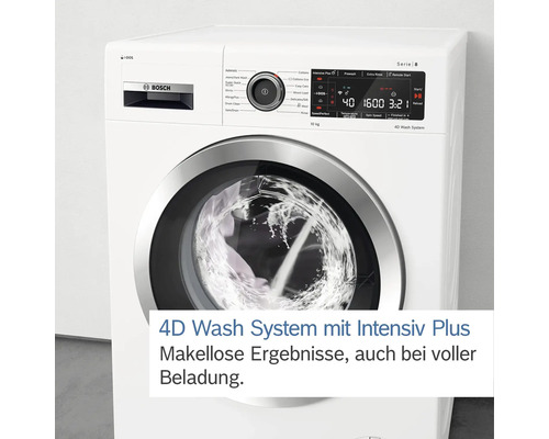Weiße Bosch Waschmaschine mit Edelstahl-Akzenten