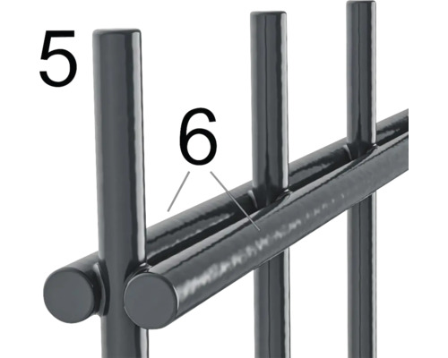 Detailansicht eines Metallregals mit den Nummern 5 und 6