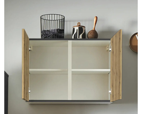 Wandschrank mit zwei offenen Türen und zwei Regalböden