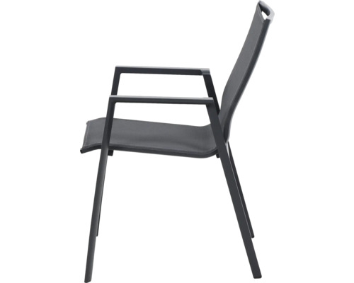 Gartenstuhl mit Armlehnen aus Aluminium und Textilbespannung, Seitenansicht.